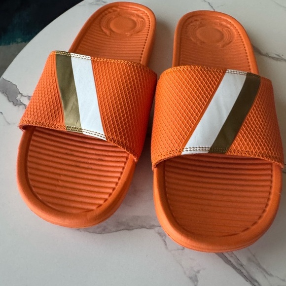 Sandalboyz Men 15 - Orange Slide Sandals with Gold and White Stripes - Picture 3 of 7